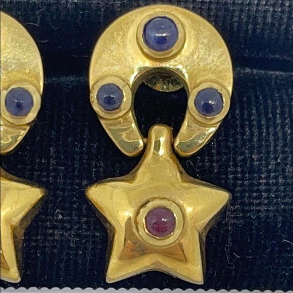 18K Gold Sapphire & Ruby Designer Stamped Earrings - Picture 2 of 4